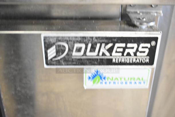 Dukers DSP48 Commercial Sandwich Prep Table with Bain Marie Mega Top, features logo and “Natural Refrigerant” label.