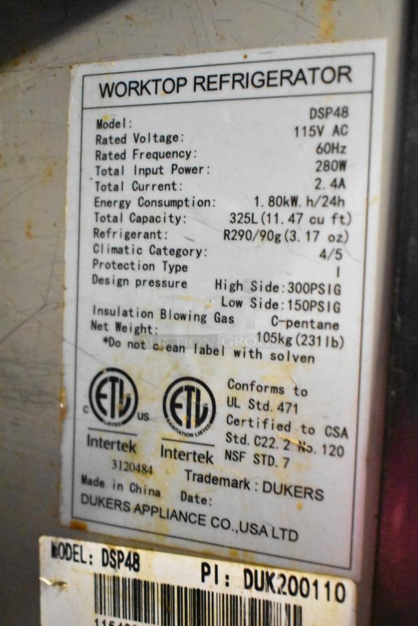 Dukers DSP48 worktop refrigerator label; 115V, 60Hz, 280W, 325L capacity, ETL certified, made by Dukers Appliance Co., USA.