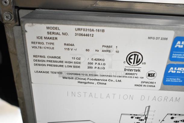 2022 Manitowoc URF0310A-161B ice machine label showing model, serial number, voltage, 115V, and certification marks.