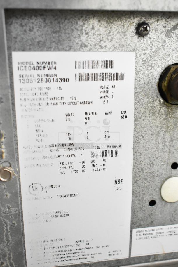 Ice-O-Matic ICE0400FW4 Ice Head on B40PSB Bin, 115V, 1 Phase, commercial use, visible label with specs and serial number.