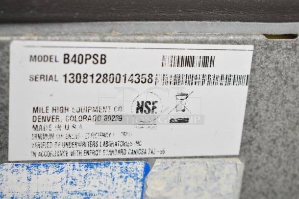 Ice-O-Matic B40PSB tag showing model, serial number 13081280014358, NSF certification, and U.S. manufacturing details.