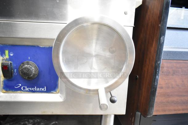 Cleveland commercial floor-style braising pan, stainless steel, visible control panel, sturdy condition, brand marked.
