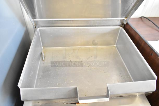 Cleveland Commercial Floor Style Braising Pan, silver, used condition, visible surface discoloration, sturdy construction.