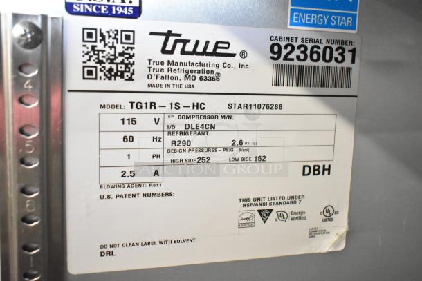 True TG1R-1S-HC Cooler label; 115V, 1 phase, R290 refrigerant, Energy Star certified, cabinet serial 9236031.
