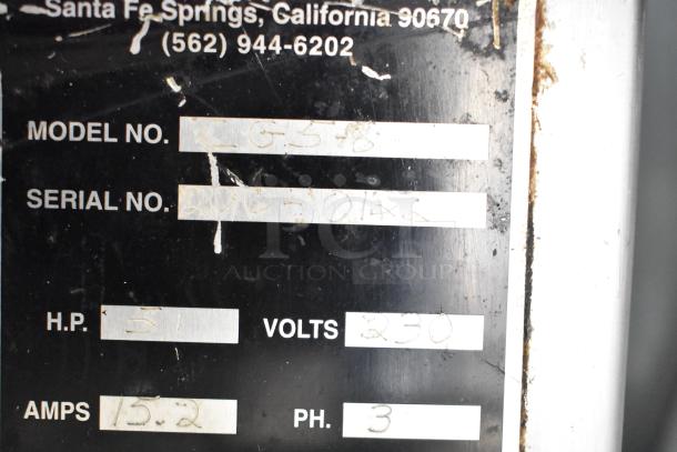 CG5-8 Commercial Food Processing Machine label showing model, serial number, 230 volts, 3 phase, 5 HP, 15.2 amps.