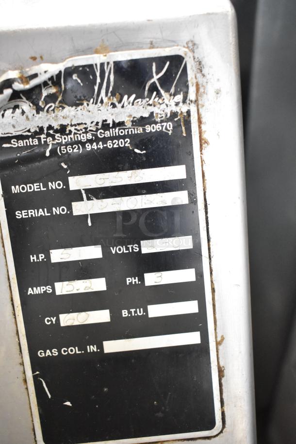 CG5-8 Commercial Food Processing Machine, 230V, 3 Phase, visible label showing model, serial number, and specs. Slight wear.