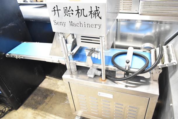 Seny Machinery commercial floor slicer and conveyor machine with 220V, featuring stainless steel design and commercial casters.