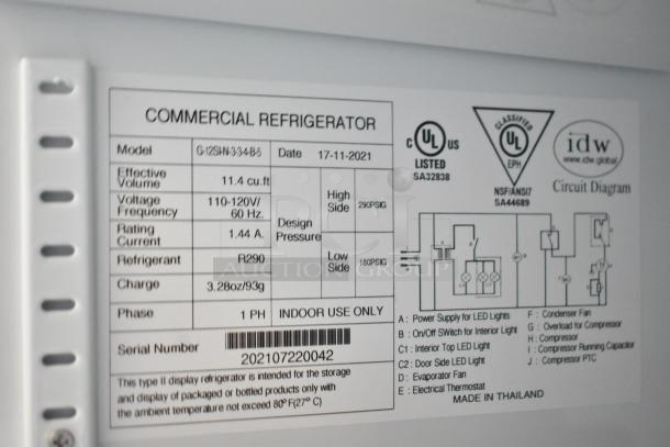 2021 IDW G-12SI-N-3-3-4-B-5 commercial cooler label showing model, specs, and circuit diagram. Indoor use only.