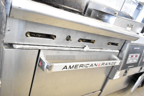American Range commercial gas 6-burner range with oven, over shelf, and backsplash. Stainless steel, used condition.