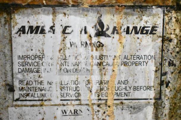 American Range label on commercial gas-powered 6-burner range, showing warning and maintenance instructions, partially worn.