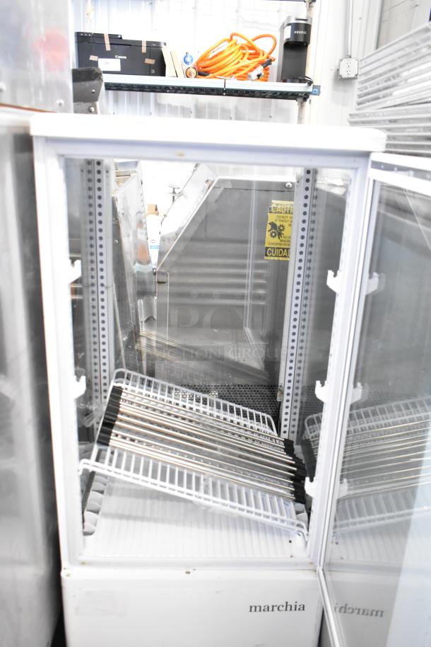 Marchia MDC78W countertop refrigerated merchandiser, glass front, interior wire shelving, 110-120V, clean condition.