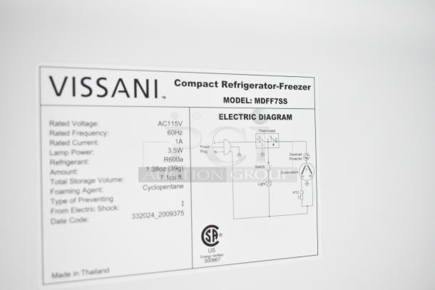 Alt text: Vissani MDFF7SS Reach In Cooler label, shows model, 115V, 1-phase, 7.1 cu. ft., made in Thailand, with electric diagram.