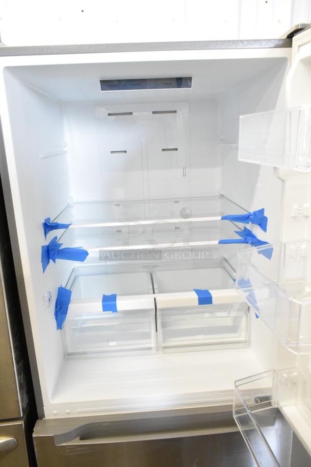 Vissani MDBF18SS reach-in cooler, brand new condition, with freezer drawer. Visible blue tape on shelves. Model MDBF18SS, 115V, 1 phase.