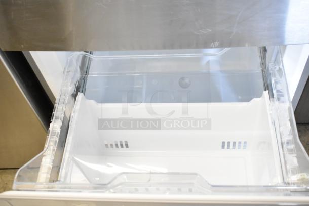 BRAND NEW Vissani MDBF18SS cooler with freezer drawer, 115V, 1 phase. Scratch and dent. Visible interior detail.