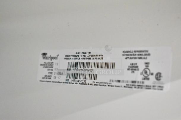 Label on Whirlpool WRS321SDHZ00 cooler showing model, 115V, 1-phase, PSI details, and serial number HR73410335.