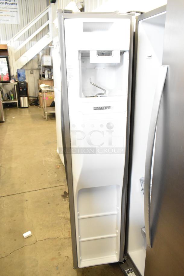 Brand new Whirlpool WRSC6536RZ00 reach-in cooler with freezer, ice/water dispenser, minor scratches, 115V, 1 phase.