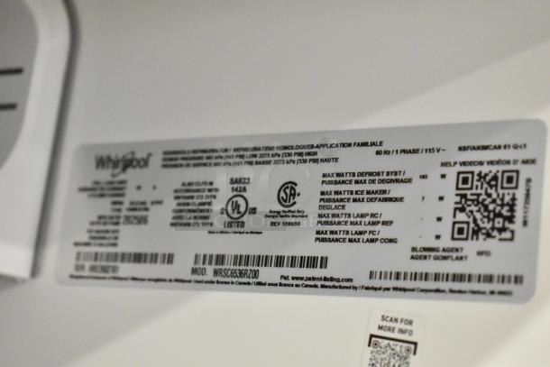Label on Whirlpool WRSC6536RZ00 cooler, showing electrical specifications, model number, and QR code for more info.