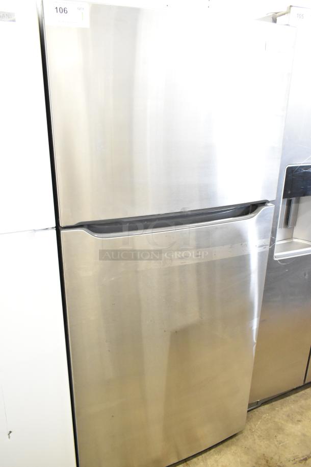 2024 Frigidaire FFTR20M5VS7 fridge with freezer, brand new scratch and dent. Stainless steel finish, model tag on door.
