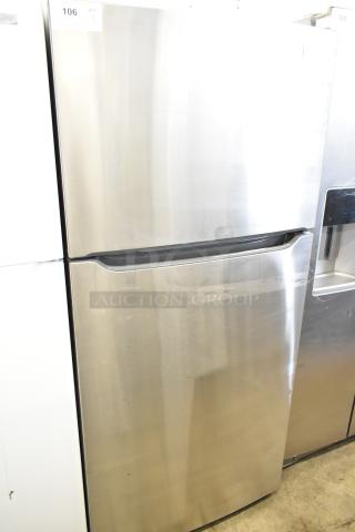2024 Frigidaire FFTR20M5VS7 fridge with freezer, brand new scratch and dent. Stainless steel finish, model tag on door.