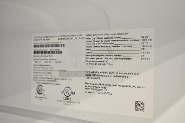 Label on 2024 Frigidaire FFTR20M5VS7 reach-in cooler with freezer; 115 volts, 1 phase. Includes dimensions and service info. Brand new, scratch and dent condition.