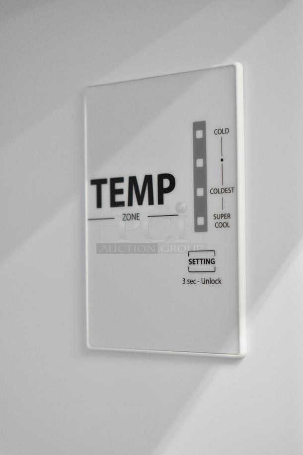 Temperature control panel of Vissani MDTF18WHR5 cooler/freezer. Markings show "Cold," "Coldest," "Super Cool." Setting unlocks in 3 seconds.