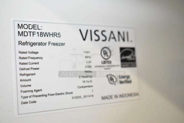 Label on Vissani MDTF18WHR5 cooler; model details, energy ratings, 115 volts, made in Indonesia.