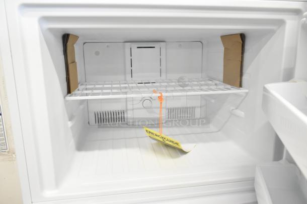 Brand new 2024 Vissani MDTF18WHR cooler with freezer, 115V, 1 phase. Interior view, energy guide tag visible.
