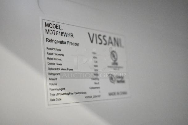 Label close-up of Vissani MDTF18WHR 2024 reach-in cooler with freezer, showing model details and specifications.