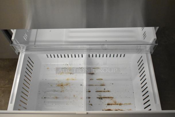 2025 LG LF30S8210S/01 cooler drawer; visible wear and stains. Appliance features French doors. 115V, 1 Phase.