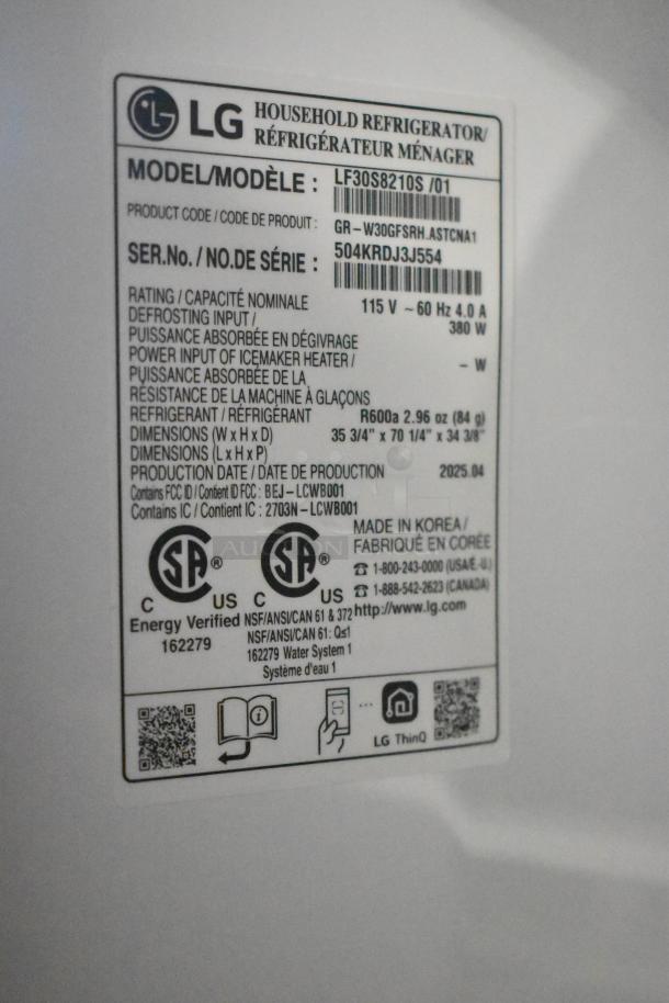 2025 LG LF30S8210S/01 Reach-In French Door Cooler with Drawer Freezer. Label shows model, voltage, and energy details.