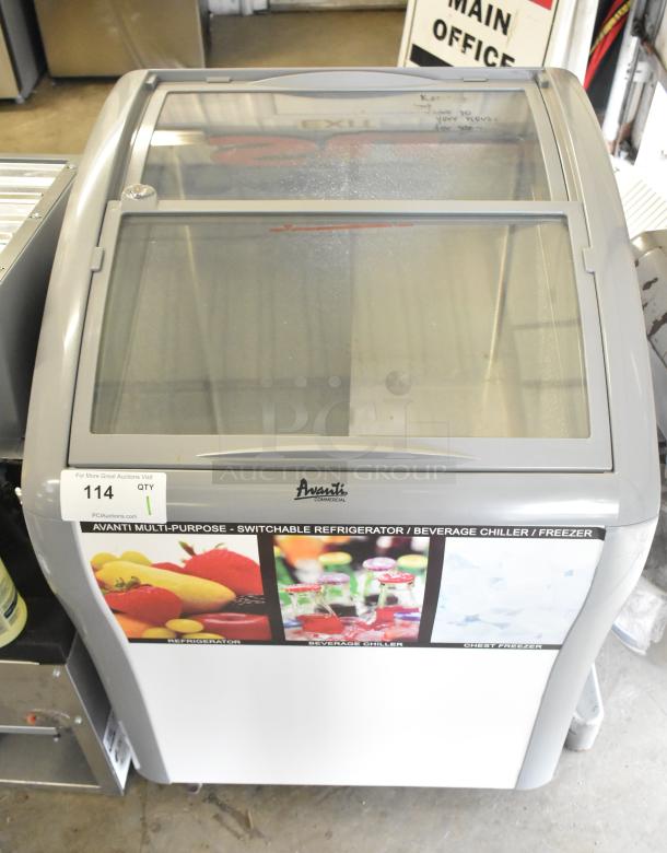 Avanti CFC436Q0WG chest freezer merchandiser on commercial casters, 115 volts, 1 phase, with switchable function labels.