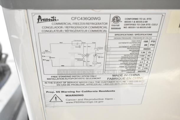 Avanti CFC436Q0WG Chest Freezer label detailing commercial use, 115V, 1 phase, with R600A refrigerant info and warnings.