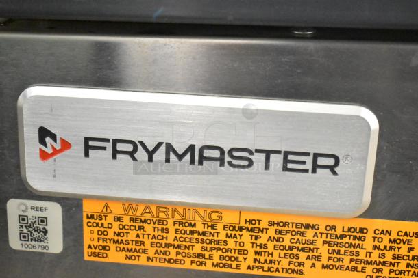 BRAND NEW 2021 Frymaster FPPH255CSE propane fryer, 80,000 BTU, with filtration system. Frymaster logo and warning label visible.