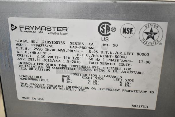 BRAND NEW 2021 Frymaster FPPH255CSE propane fryer with 4 metal baskets, filtration system, on casters, 80,000 BTU.