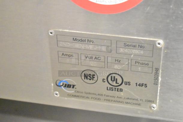 LATE MODEL JBT Fresh N Squeeze citrus juicer, Model 2ND-GEN-MFJ-HE, 120V, NSF and UL listed, on commercial casters.