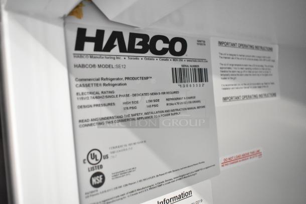 Habco SE12 Commercial Single Door Cooler, 115V, 1 Phase. Label shows model, electrical rating, and refrigerant details.
