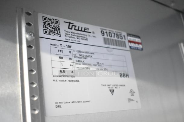 2017 True T-19F commercial freezer label showing model, voltage, and refrigerant details; model TSCI-600R-G-PH.