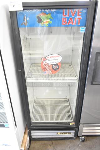 True GDM-12 commercial single door reach-in cooler, 115 volts, live bait signage, clean interior, good condition.
