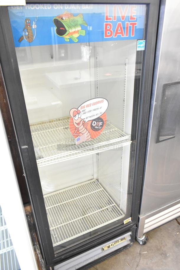 True GDM-12 single door cooler merchandiser. Features glass door, internal shelving, labels promoting live bait. 115V, 1 phase.