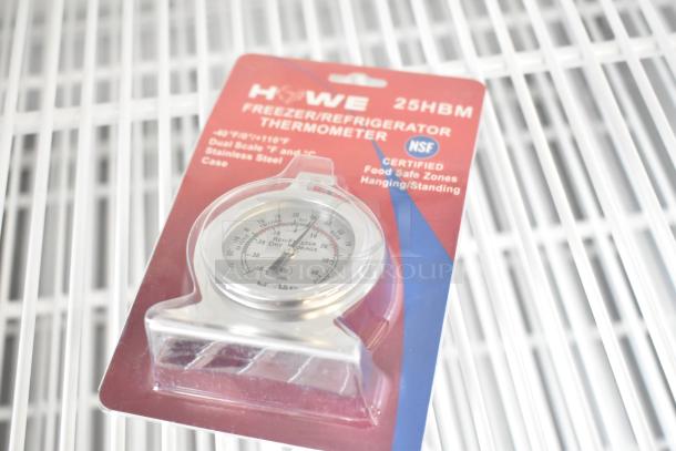 Howe freezer/refrigerator thermometer in packaging, dual scale, stainless steel, NSF certified.