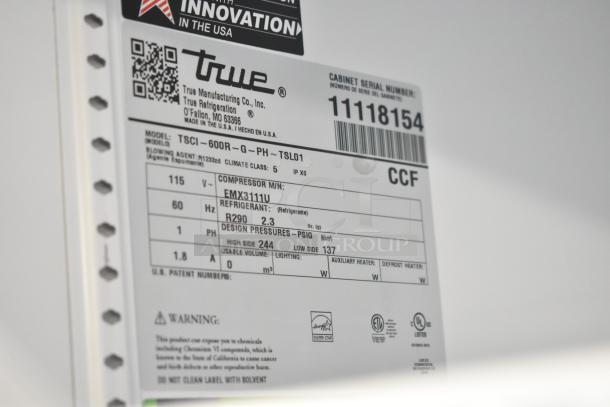2025 True TSCI-600R-G-PH cooler label showing model, 115V, 1 phase, R290 refrigerant, compressor EMX3111U.