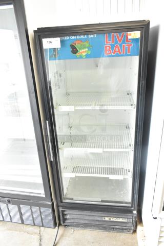 True GDM-12 commercial reach-in cooler, single glass door, 115V, 1 phase, three white shelves, live bait decal.