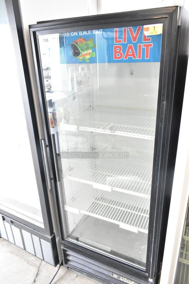 True GDM-12 commercial cooler, single door, 115 volts, 1 phase, "Live Bait" signage, wire shelves, black frame.