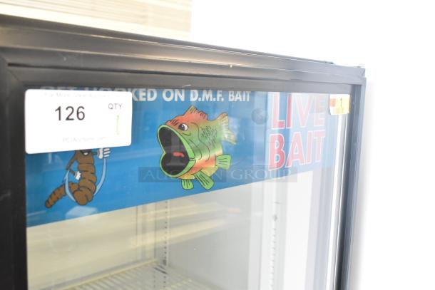 True GDM-12 cooler merchandiser with fish graphic, single glass door, auction tag 126, 115V, 1 Phase.