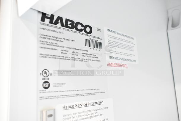 2019 Habco SE18 cooler tag shows model, UL and NSF certification, and electrical specs for commercial use.