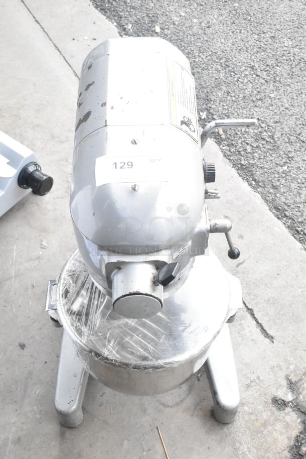 Hobart A120 commercial 12-quart mixer with bowl, whisk, paddle. Visible wear, 115 volts, 1 phase. Serial 129 label shown.
