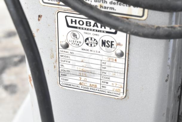 Hobart A120 Commercial Mixer, 12 Qt., with bowl and attachments. 115V, 1 Phase. Serial tag shows UL, NSF marks, and specs.