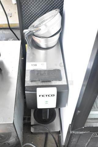 2017 Fetco CBS-2121 commercial drip coffee machine, 100-120V, good condition, ready light on, stainless steel finish.