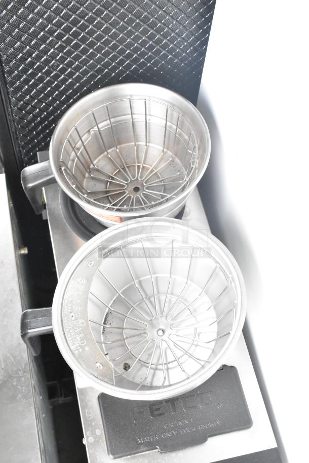 2017 Fetco CBS-2121 commercial drip coffee machine with dual brew baskets, stainless steel, 100-120V, 1 Phase.