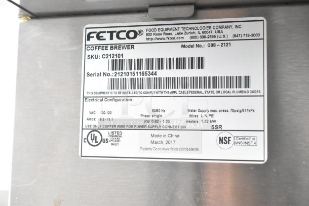 2017 Fetco CBS-2121 drip coffee machine, model details and specifications on label, 100-120V, 1 phase, UL and NSF certified.